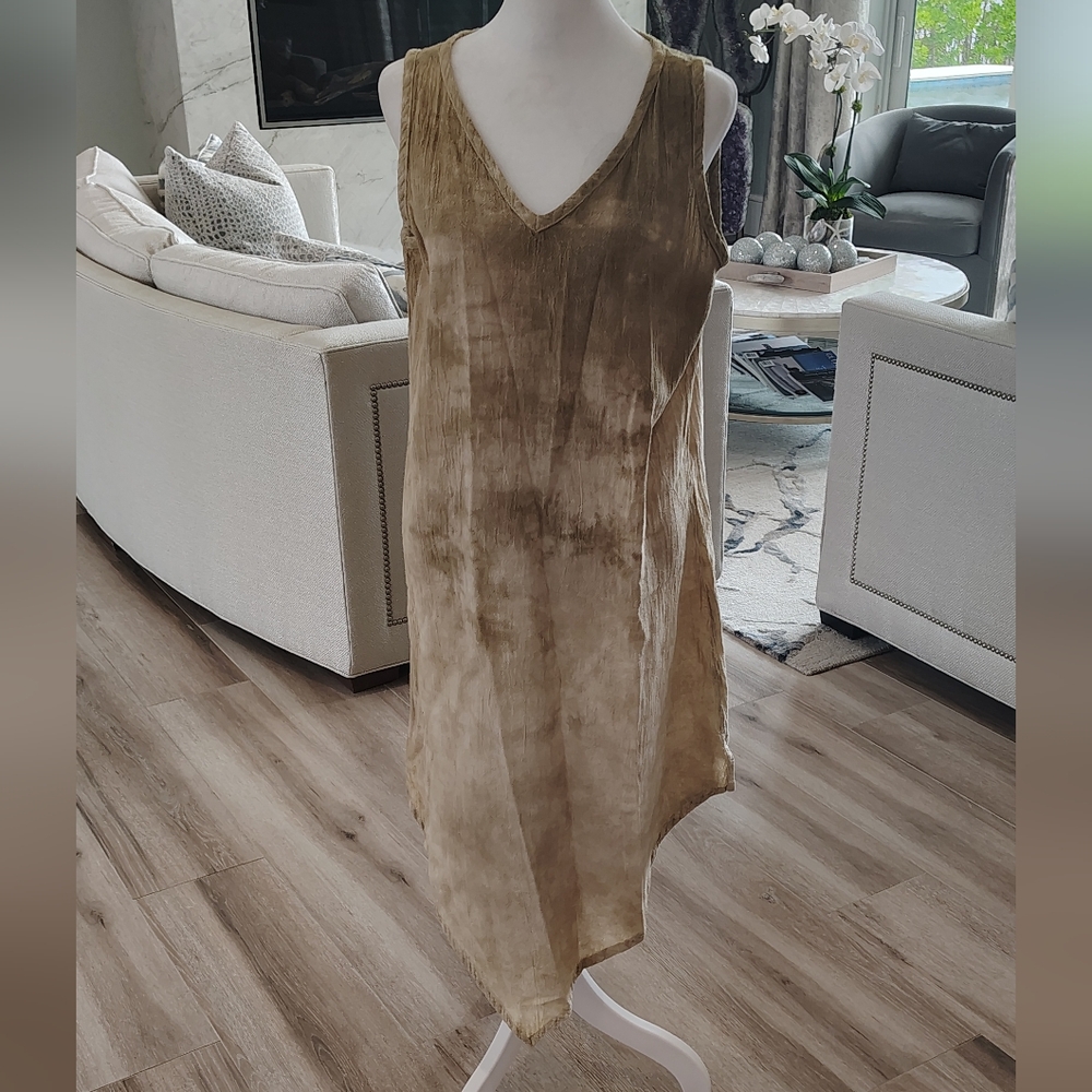 Oh My Gauze! Tan Sleeveless Handkerchief Hem Dress